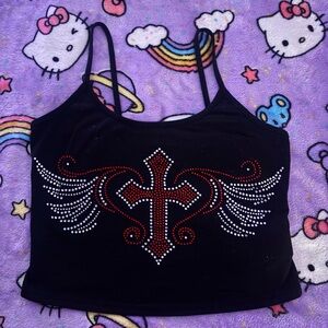SHEIN Black Camisole with Red and White Rhinestone Cross